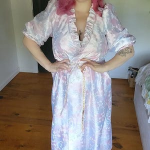 Elaine Robe // Vintage 1970&#39;s White Satin Dressing Gown with Pastel Floral Print, Pouf Sleeves & Pockets by Miss Elaine