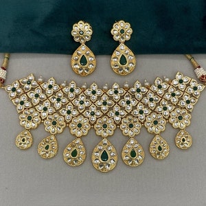 Premium quality gold and green Kundan necklace set