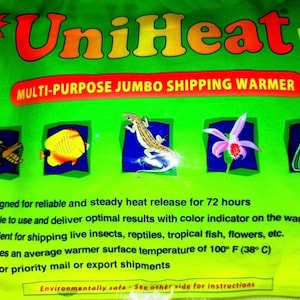 May include: Green package labeled "UniHeat" with red and orange text. It is a multi-purpose jumbo shipping warmer. The package features illustrations of insects, fish, a lizard, a flower, and lab equipment. It provides 72+ hours of warmth.