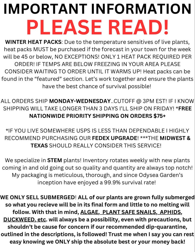 May include: A white informational sign with black and red text detailing plant shipping policies, winter heat pack requirements for temperatures below 45 degrees, shipping schedules, FedEx upgrade recommendations, and plant care information.