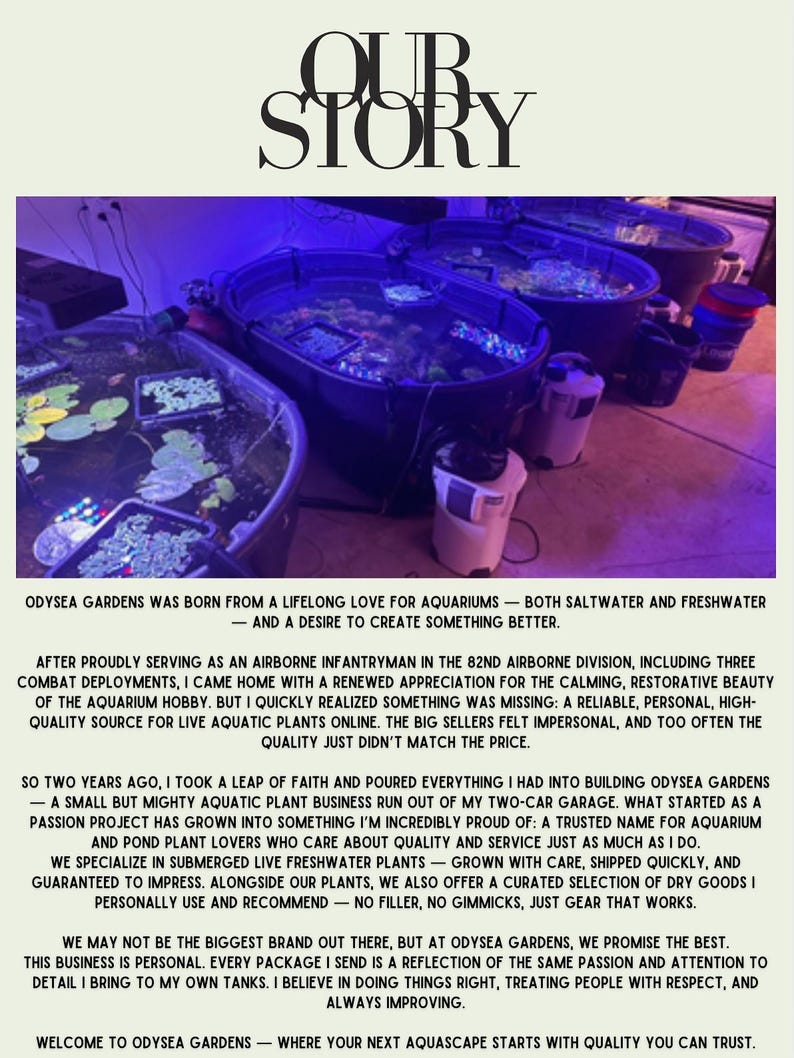 May include: Three large black oval plastic tubs filled with water and aquatic plants, illuminated by blue and white LED lights. White canister filters are connected to the tubs. The text "OUR STORY" appears at the top, followed by paragraphs.