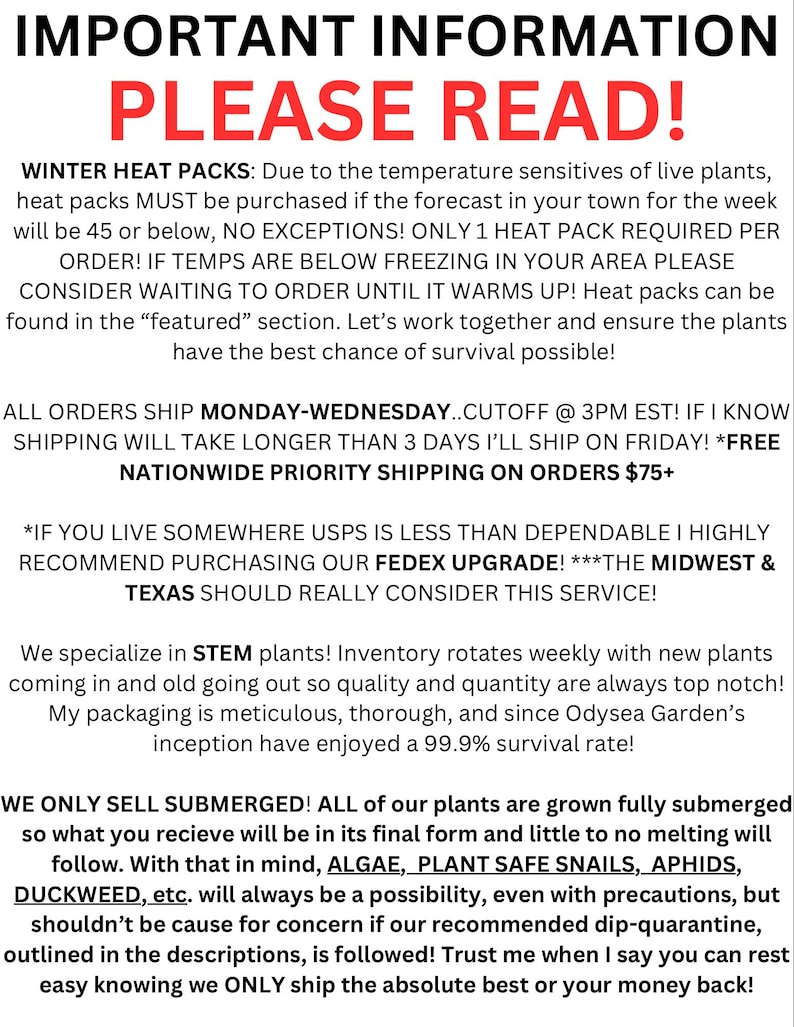 May include: A white informational sign with black and red text detailing shipping policies, winter heat pack requirements for live plants, and information regarding submerged plant growth, potential pests, and quarantine recommendations.