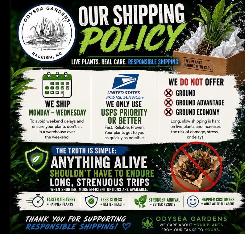 May include: An informational graphic for Odysea Gardens detailing a shipping policy for live plants. It features text, icons, and images of plants in boxes, explaining that shipments occur Monday through Wednesday using USPS Priority mail services.