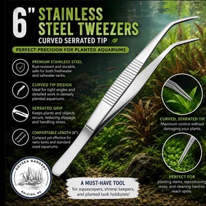 May include: 6-inch stainless steel tweezers with a curved, serrated tip. The tool features a textured grip area for handling. Text on the image includes 6 INCH STAINLESS STEEL TWEEZERS, CURVED SERRATED TIP, PREMIUM STAINLESS STEEL, and ODYSEA GARDENS.