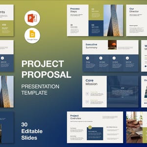 May include: A presentation template titled "Project Proposal" with 30 editable slides. The design features a blue and white color scheme with images and text boxes. Includes slides for process steps, director, and achievements.