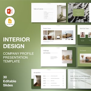 May include: A presentation template for interior design companies. The template includes 30 editable slides with a green and white color scheme. The slides feature images of furniture and interior design elements. The text on the slides includes the words "Interior Design", "Company Profile", "Presentation Template", "Challenge and Solution", "The Result", "Recognition", and "Meet Our Team".