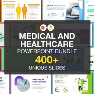May include: A collection of PowerPoint presentation slides with a medical and healthcare theme. The central image displays the text "MEDICAL AND HEALTHCARE POWERPOINT BUNDLE 400+ UNIQUE SLIDES". Other slides include medical infographics and charts.