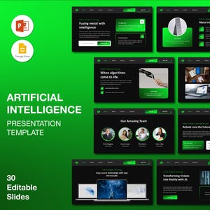 Könnte beinhalten: Eine Präsentationsvorlage zum Thema Künstliche Intelligenz in Grün und Schwarz. Das Design umfasst 30 bearbeitbare Folien mit Text und Grafiken über KI sowie Icons für PowerPoint und Google Slides.
