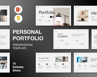 May include: A presentation template with the title "Personal Portfolio" and the subtitle "Presentation Template." The design includes 15 editable slides with various layouts, including a table of contents and a career path section. The design is in black and white.