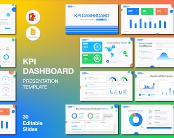 May include: A presentation template titled "KPI Dashboard" with 30 editable slides. The slides feature charts, graphs, and data visualizations in blue, green, and white, with text such as "Revenue and Cost Metrics" and "Marketing Effectiveness".