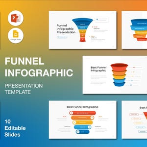 Könnte beinhalten: Eine Präsentationsvorlage mit dem Titel "Funnel Infographic" mit 10 bearbeitbaren Folien. Die Folien zeigen Trichterdiagramme in verschiedenen Designs, die eine Farbpalette aus Blau, Orange und Rot verwenden. Die Präsentation ist für PowerPoint und Google Slides konzipiert.