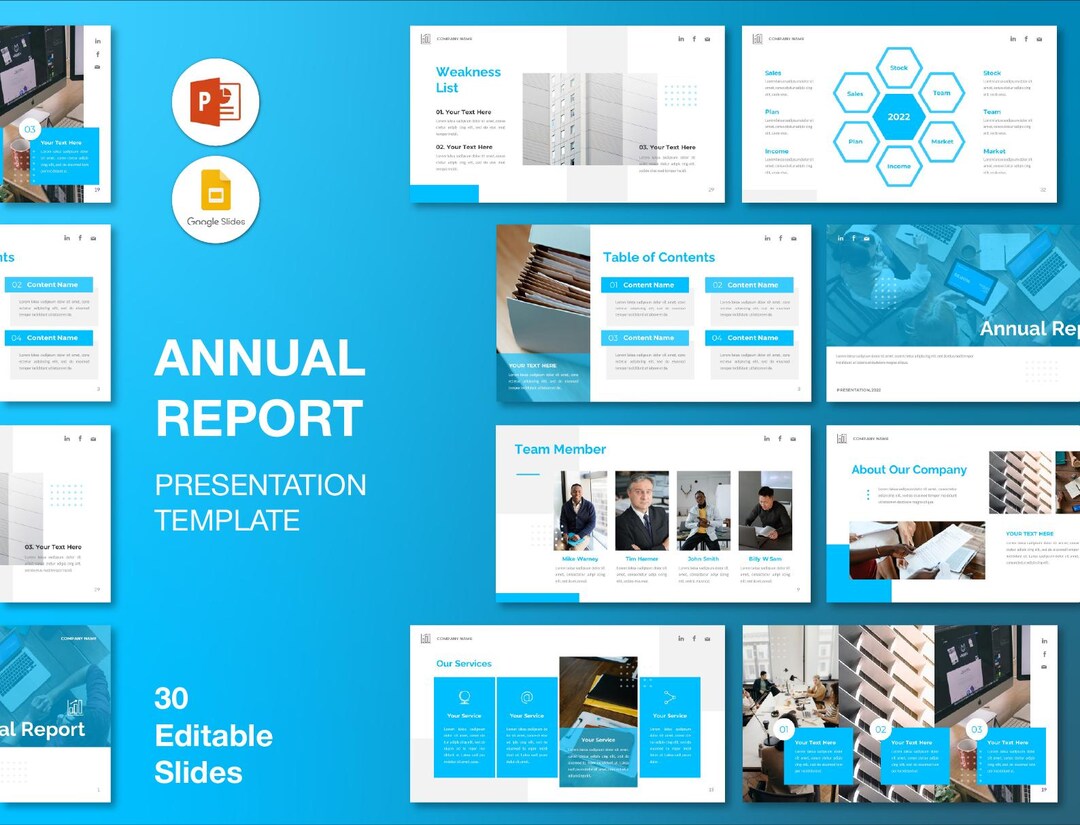 Blue Annual Report Powerpoint Template: 30 Editable Slides (digital ...
