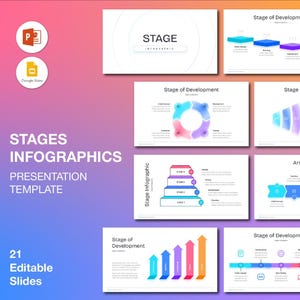 Peut inclure: Un modèle de présentation intitulé "STAGES INFOGRAPHICS PRESENTATION TEMPLATE" avec "21 diapositives modifiables". Les diapositives présentent des infographies, comme des diagrammes circulaires, fléchés et étape par étape, sur un fond dégradé.
