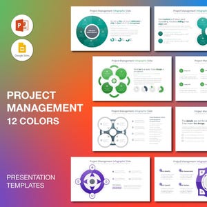 May include: A collection of presentation templates with a gradient background. The text reads "Project Management 12 Colors Presentation Templates." The templates feature various infographic designs in shades of blue, green, red, and purple, with icons and text.