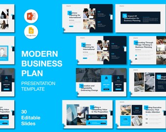 Pode incluir: Um modelo de apresentação azul e branco para um plano de negócios moderno. O modelo inclui 30 slides editáveis e é compatível com PowerPoint e Google Slides. Os slides apresentam uma variedade de layouts e gráficos, incluindo gráficos, diagramas e imagens. O modelo foi projetado para ajudar as empresas a criar apresentações profissionais e envolventes.