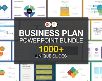May include: A PowerPoint presentation bundle with the text "BUSINESS PLAN POWERPOINT BUNDLE 1000+ UNIQUE SLIDES". The image features various slides with business-related graphics, charts, and diagrams, including a pie chart with the year 2024.