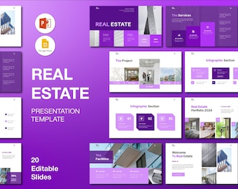 May include: A purple and white real estate presentation template with 20 editable slides. The design includes text, infographics, and images of buildings and interiors. The presentation is designed for use with Microsoft PowerPoint and Google Slides.