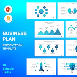 Könnte beinhalten: Eine blaue und weiße Präsentationsvorlage für einen Businessplan mit 70 editierbaren Folien. Die Vorlage enthält Diagramme, Grafiken und Schaubilder, um Ihnen zu helfen, Ihre Geschäftsideen zu visualisieren.