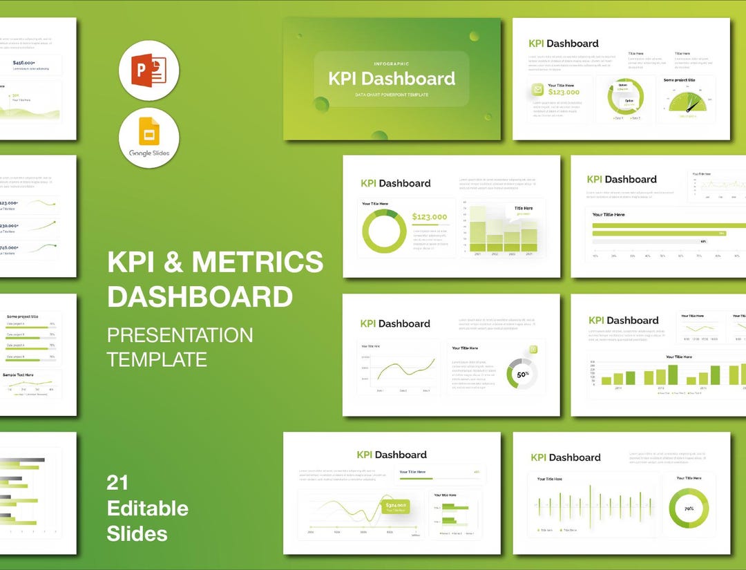 Green KPI & Metrics Powerpoint Dashboard Layouts | Data Analysis and ...