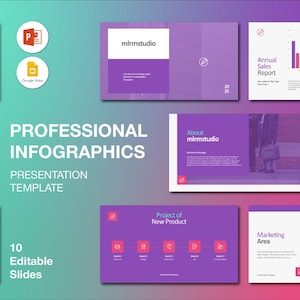 May include: A professional infographic presentation template with 10 editable slides. The design features a gradient background with purple and white elements. Text includes "Professional Infographics" and "Project of New Product."