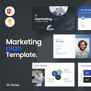 Könnte beinhalten: Eine Präsentationsvorlage für einen Marketingplan mit 30 Folien. Die Vorlage umfasst eine Willkommensnachricht, eine SWOT-Analyse, einzigartige Verkaufsargumente, eine Verkaufsstrategie, eine Preisstrategie und Folien zu unserem Service. Die Vorlage ist in einem modernen und professionellen Stil mit blauen und grünen Akzenten gestaltet.