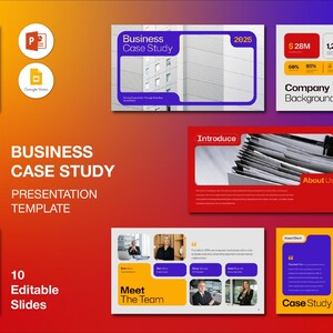 May include: A presentation template titled "Business Case Study" with 10 editable slides. The slides feature a color scheme of red, yellow, blue, and white, with text and graphics. The presentation includes charts, graphs, and images, suitable for business and marketing.