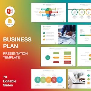 May include: A business plan presentation template with 70 editable slides. The template includes a range of charts, graphs, and diagrams that can be used to present information about a business. The template is designed for use with Microsoft PowerPoint and Google Slides.