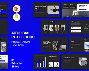 May include: A presentation template for Artificial Intelligence with 30 editable slides. The design features a dark background with blue accents, including icons, graphs, and images. Text includes "Introduction to AI" and "My Featured Project."