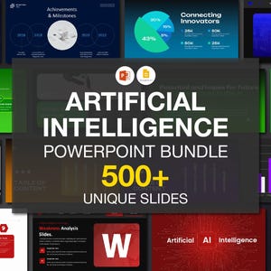 Pode incluir: Um conjunto de slides do PowerPoint com várias visualizações de dados e texto. O slide central diz "ARTIFICIAL INTELLIGENCE POWERPOINT BUNDLE 500+ UNIQUE SLIDES". Outros slides incluem gráficos e texto relacionados à IA.