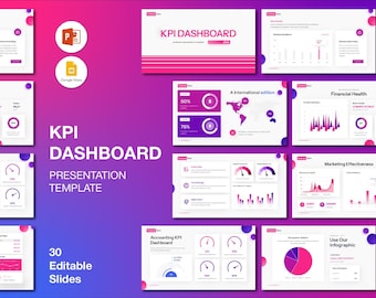 May include: A presentation template with a gradient purple and pink background. The title "KPI DASHBOARD" is displayed in large white letters. The image includes 30 editable slides with charts, graphs, and infographics.
