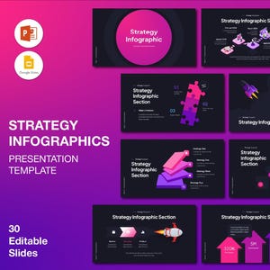 May include: A presentation template with a gradient purple and pink background. The title "STRATEGY INFOGRAPHICS" is displayed, along with the text "PRESENTATION TEMPLATE" and "30 Editable Slides." Various infographic slides are shown.