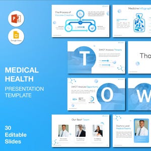 Op de afbeelding: Een sjabloon voor een medische gezondheidspresentatie met 30 bewerkbare dia's. De dia's bevatten blauwe en witte ontwerpen met tekst en afbeeldingen die betrekking hebben op geneeskunde, waaronder infographics, SWOT-analyse en teamfoto's. De presentatie bevat de tekst "Medical Health Presentation Template".