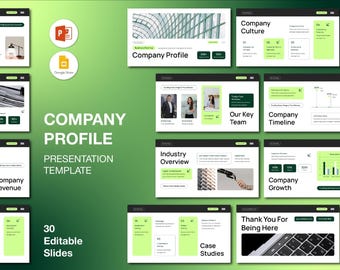 May include: A presentation template with a green gradient background. The title "Company Profile" is displayed prominently. The template includes 30 editable slides with various sections like "Company Culture" and "Company Growth."