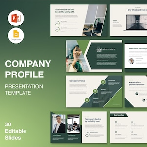 以下が含まれることがあります： 30枚の編集可能なスライドを備えた、会社概要プレゼンテーションテンプレート。 デザインは、テキストとグラフィックを備えた緑と白の配色が特徴です。 プレゼンテーションには、ビジネスでの使用に適したテキスト、グラフ、画像を含むスライドが含まれています。