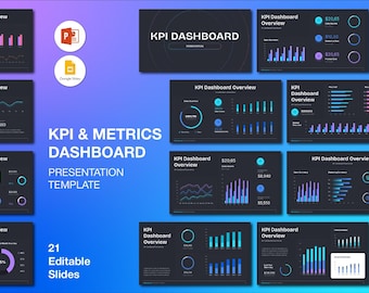 May include: A presentation template with a blue and purple gradient background. The template includes multiple slides with KPI dashboard overviews, charts, and graphs. The text on the slides reads "KPI & Metrics Dashboard Presentation Template" and "21 Editable Slides."
