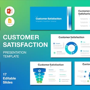 May include: A presentation template titled "Customer Satisfaction" with 17 editable slides. The design features a gradient background and various charts and diagrams in blue and green. PowerPoint and Google Slides icons are also included.