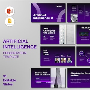 May include: A presentation template with a purple and white color scheme. The title "Artificial Intelligence" is displayed prominently. The template includes 31 editable slides, with various layouts and graphics related to AI.