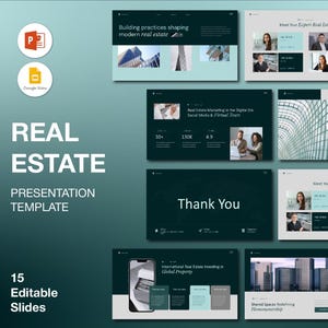 May include: A real estate presentation template with 15 editable slides. The design features a teal and white color scheme with text such as "Real Estate" and "Thank You". The template includes images and charts.