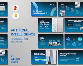 May include: A presentation template with a blue and white gradient design. The title "Artificial Intelligence" is prominently displayed, along with the text "Presentation Template" and "31 Editable Slides". The slides cover various AI-related topics.