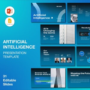 May include: A digital presentation template with a blue gradient background. The title "Artificial Intelligence" is prominently displayed. The presentation includes 31 editable slides, with graphics and text about AI.