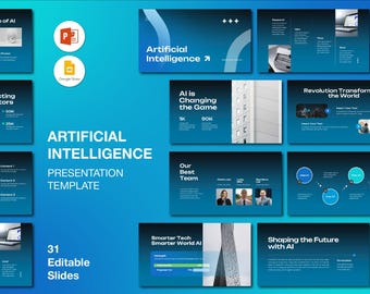 May include: A digital presentation template with a blue gradient background. The title "Artificial Intelligence" is prominently displayed. The presentation includes 31 editable slides, with graphics and text about AI.