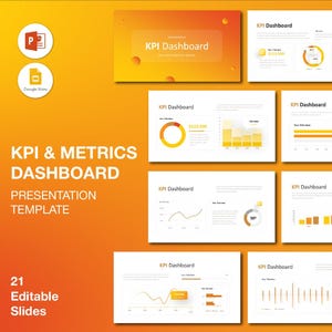 May include: A presentation template with a gradient orange background. The title "KPI & Metrics Dashboard" is displayed, along with "Presentation Template" and "21 Editable Slides." Several slides show charts and graphs with the text "KPI Dashboard."