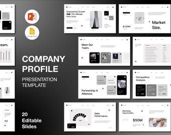 May include: A presentation template with a modern design, featuring the words "Company Profile" and "Presentation Template." The slides include charts, graphs, and text boxes. The design is primarily black, white, and gray with red accents.