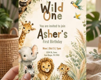 Wild One Birthday Invitation Template, Safari Birthday Invite, Jungle First Birthday Invitation, Editable Canva Invite, Digital Download