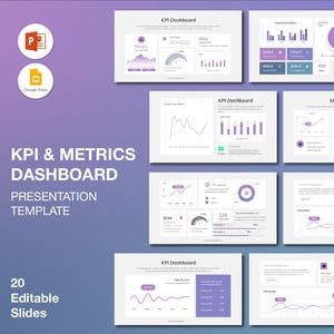 Könnte beinhalten: Eine Präsentationsvorlage für ein KPI- und Metriken-Dashboard. Die Folien zeigen Diagramme und Datenvisualisierungen in Lila und Weiß. Die Vorlage enthält 20 bearbeitbare Folien mit Symbolen für PowerPoint und Google Slides.