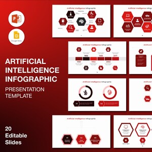 May include: A presentation template titled "Artificial Intelligence Infographic" with 20 editable slides. The design features a red and white color scheme with hexagonal shapes and icons related to AI, such as brains and gears.