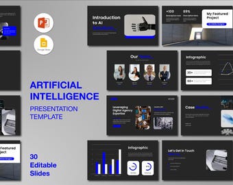May include: A presentation template with the title "Artificial Intelligence" in blue text. The template includes 30 editable slides with various layouts, including infographics, charts, and images. The design is modern and professional, with a dark background and blue accents.