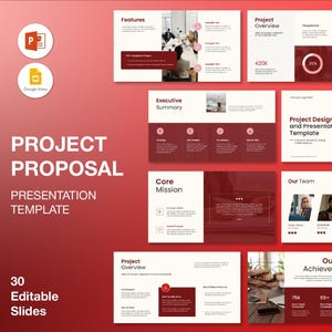 Peut inclure: Modèle de présentation rouge et blanc avec le titre "PROJECT PROPOSAL PRESENTATION TEMPLATE". Il comprend 30 diapositives modifiables, avec des sections pour les fonctionnalités, l'aperçu du projet, le résumé et les informations de l'équipe.