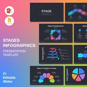 Peut inclure: Un modèle de présentation intitulé "Stages Infographics" avec le texte "Presentation Template". L'image comprend 21 diapositives modifiables avec divers designs infographiques, notamment des graphiques et des diagrammes, dans un thème sombre.