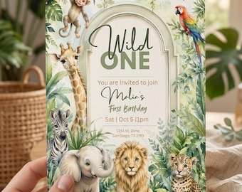 Safari First Birthday Invitation, Wild One Birthday Invite, Jungle Safari Animals Invitation Template